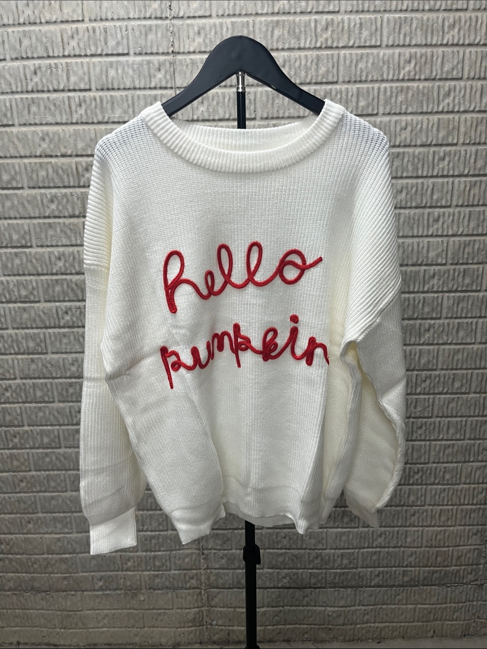 Hello Pumpkin White Knit Sweater with Red Script
